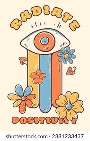 Groovy hippie 70s sticker. Funny cartoon rainbow eye. Sticker in trendy retro psychedelic cartoon style 60s. Stay trippy. Good vibes. Stay groovy.