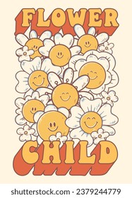 Groovy hippie 70s sticker. Print or sticker with smile daisy in trendy retro psychedelic cartoon style 60s. Flower child. Stay groovy.