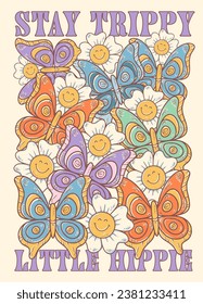Groovy hippie 70s sticker. Print or sticker with smile daisies and butterfly in trendy retro psychedelic cartoon style 60s. Flower child. Stay groovy.