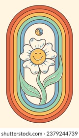 Groovy hippie 70s sticker. Sticker with smile daisy in trendy retro cartoon style 60s on rainbow psychedelic background. Stay groovy.