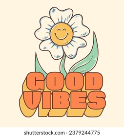 Groovy hippie 70s sticker. Sticker with smile daisy in trendy retro psychedelic cartoon style 60s. Good vibes. Stay groovy.