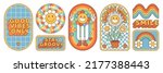 Groovy hippie 70s stickers. Funny cartoon flower, rainbow, peace, Love, heart, daisy, mushroom etc. Sticker pack in trendy retro psychedelic cartoon style. Flower power. Good vibes. Stay groovy.