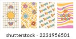 Groovy hippie 70s stickers. Funny cartoon flower, rainbow, peace, Love, heart, daisy, mushroom etc. Sticker pack in trendy retro psychedelic cartoon style. Good vibes. Vector stock graphic.