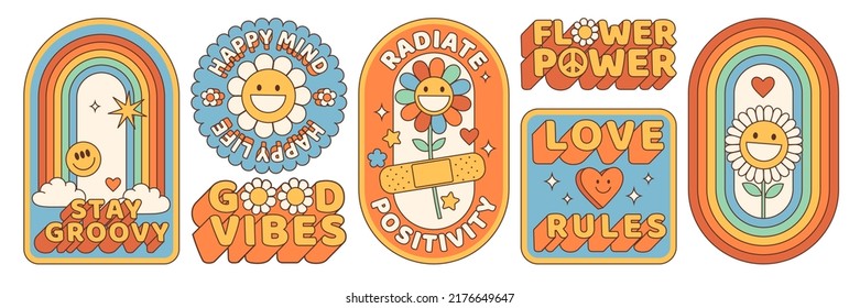 Groovy hippie 70s stickers. Funny cartoon flower, rainbow, peace, Love, heart, daisy, mushroom etc. Sticker pack in trendy retro psychedelic cartoon style. Flower power. Good vibes. Stay groovy.