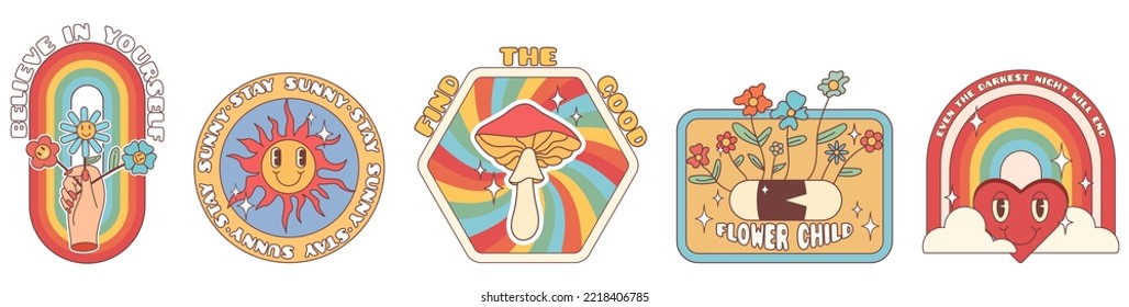 Groovy hippie 70s stickers. Funny cartoon flower, rainbow, heart, daisy, mushroom etc. Sticker pack in trendy retro psychedelic cartoon style. 