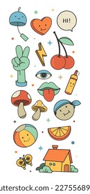 Groovy hippie 70s stickers. Funny cartoon flower, rainbow, fruit, home, heart in retro psychedelic style. vector. isolated on white background.