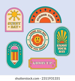 Groovy hippie 70s stickers. Funny cartoon flower, rainbow, peace, Love, heart, daisy