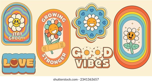 Groovy hippie 70s stickers. Funny cartoon flower, rainbow, peace, Love, heart, daisy, mushroom etc. Sticker pack in trendy retro psychedelic cartoon style. Love. Good vibes. Stay groovy. 
