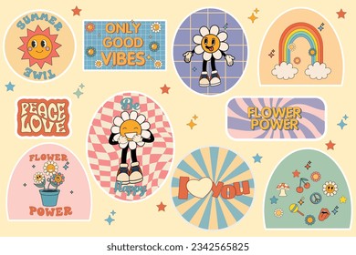 Groovy hippie 70s stickers. Funny cartoon flower,rainbow, peace, Love, heart, daisy, mushroom etc. Sticker pack in trendy retro psychedelic cartoon style. Flower power. Only good vibes. I love you