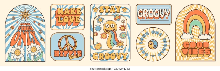 Groovy hippie 70s stickers. Funny cartoon flower, rainbow, peace, Love, smile, mushroom, eye. Sticker pack in trendy retro psychedelic cartoon style 60s. Flower power. Good vibes. Stay groovy.