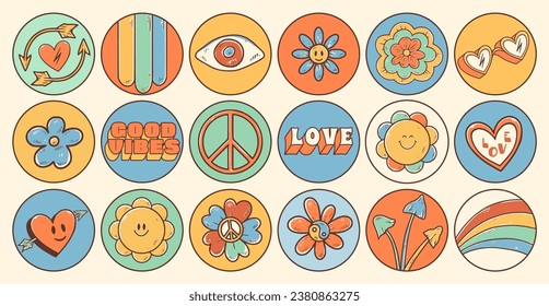 Groovy hippie 70s stickers. Funny cartoon flower, rainbow, peace, Love, heart, daisy, mushroom. Sticker pack in trendy retro psychedelic cartoon style 60s. Flower power. Good vibes. Stay groovy