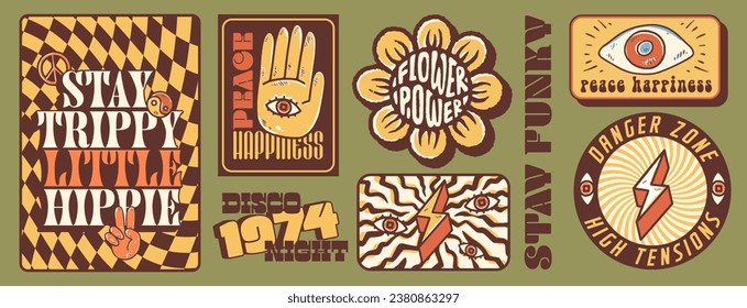 Groovy hippie 70s stickers. Funny cartoon flower, rainbow, peace, Love, smile, mushroom, eye. Sticker pack in trendy retro psychedelic cartoon style 60s. Flower power. Good vibes. Stay groovy.