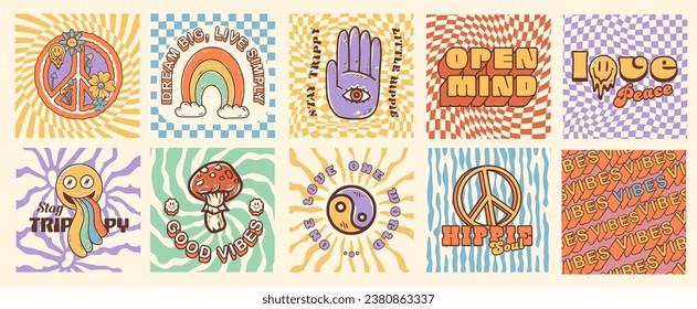 Pegatinas hippie groovy de los años 70. Flor divertida de dibujos animados, arco iris, paz, amor, sonrisa, hongos, ojos. Paquete de stickers en el moderno estilo de dibujos animados psicodélicos retro de los años 60. Potencia de las flores. Buenas vibraciones. Manténganse groovy.