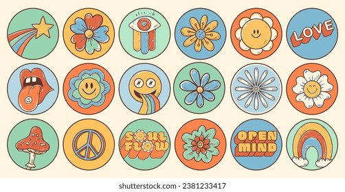 Groovy hippie 70s stickers. Funny cartoon flower, rainbow, peace, Love, heart, daisy, mushroom. Sticker pack in trendy retro psychedelic cartoon style 60s. Flower power. Good vibes. Stay groovy