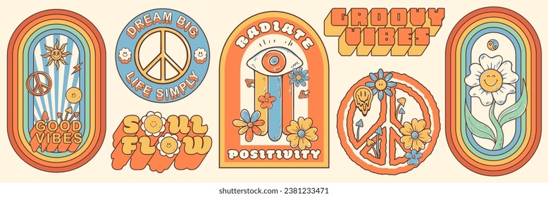 Groovy hippie 70s stickers. Funny cartoon flower, rainbow, peace, Love, smile, mushroom, eye. Sticker pack in trendy retro psychedelic cartoon style 60s. Flower power. Good vibes. Stay groovy.