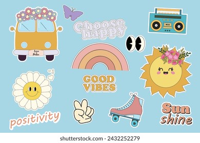 Groovy hippie 70s stickers. Funny cartoon flower,rainbow, peace, Love, heart, daisy, hippie bus etc. Sticker pack in trendy retro psychedelic cartoon style. Flower power. Only good vibes. Choose happy