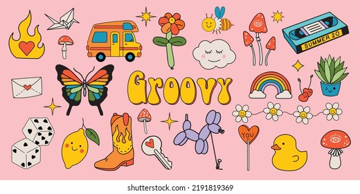 Groovy hippie 70s stickers set. Sticker pack in trendy retro psychedelic cartoon style. Funny cartoon mushrooms, flowers, rainbow, butterfly, vintage style element set. Isolated vector illustration