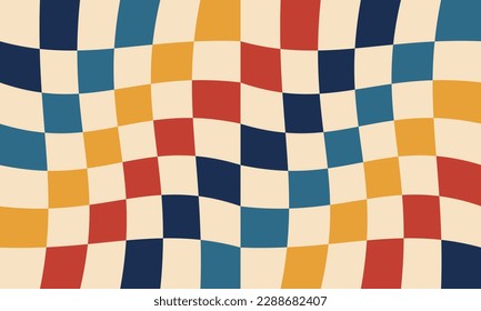 Groovy hippie 70s vector background. Chessboard pattern. Twisted and distorted vector texture in trendy retro psychedelic style.