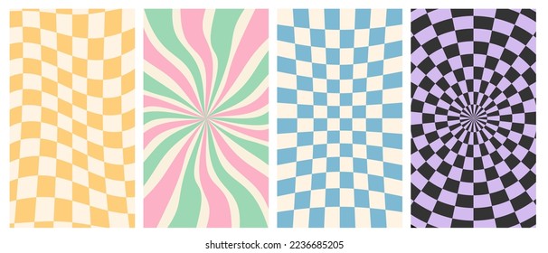 Groovy hippie 70s vector backgrounds set. Chessboard and twisted patterns. Backgrounds in trendy retro trippy styleTwisted and distorted vector texture in trendy retro psychedelic style