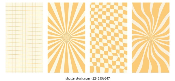 Groovy hippie 70s vector backgrounds set. Chessboard and twisted patterns. Backgrounds in trendy retro trippy style.Twisted and distorted vector texture in trendy retro psychedelic style