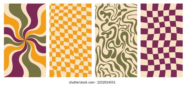 Groovy hippie 70s vector backgrounds set. Chessboard and twisted patterns. Backgrounds in trendy retro trippy style.Twisted and distorted vector texture in trendy retro psychedelic style
