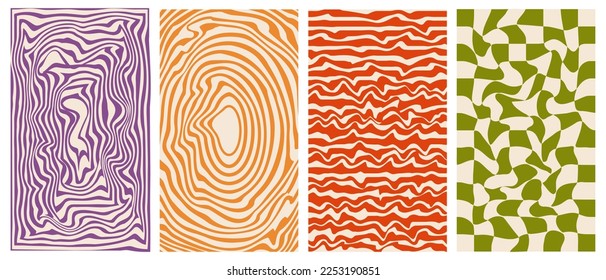 Groovy hippie 70s vector backgrounds set. Chessboard and twisted patterns. Backgrounds in trendy retro trippy style.Twisted and distorted vector texture in trendy retro psychedelic style