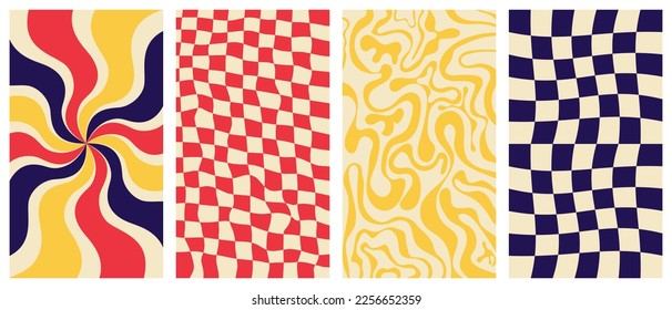 Groovy hippie 70s vector backgrounds set. Chessboard and twisted patterns. Backgrounds in trendy retro trippy style.Twisted and distorted vector texture in trendy retro psychedelic style