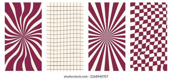 Groovy hippie 70s vector backgrounds set. Chessboard and twisted patterns. Backgrounds in trendy retro trippy style. Twisted and distorted vector texture in trendy retro psychedelic style