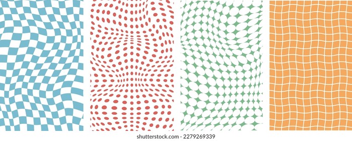 Groovy hippie 70s vector backgrounds set. Backgrounds in trendy retro trippy style. Twisted and distorted vector texture in trendy retro psychedelic style. Y2k aesthetic. Vector illustration