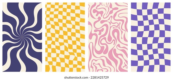 Groovy hippie 70s vector backgrounds set. Chessboard and twisted patterns. Backgrounds in trendy retro trippy style. Twisted and distorted vector texture in trendy retro psychedelic style