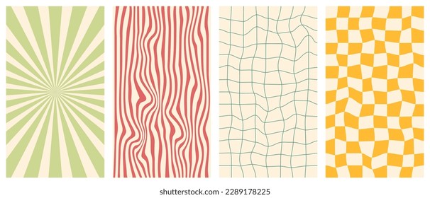 Groovy hippie 70s vector backgrounds set. Chessboard and twisted patterns. Backgrounds in trendy retro trippy style. Twisted and distorted vector texture in trendy retro psychedelic style