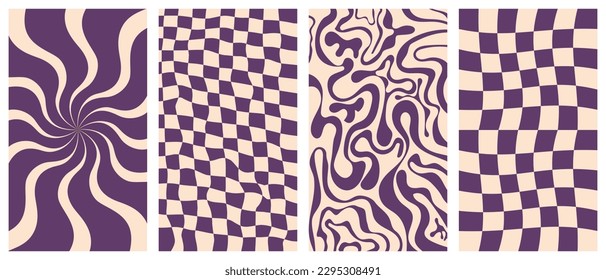 Groovy hippie 70s vector backgrounds set. Chessboard and twisted patterns. Backgrounds in trendy retro trippy style. Twisted and distorted vector texture in trendy retro psychedelic style