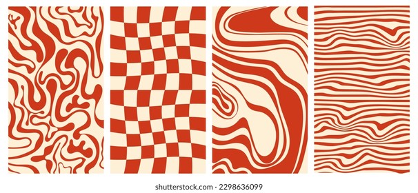 Groovy hippie 70s vector backgrounds set. Chessboard and twisted patterns. Backgrounds in trendy retro trippy style.Twisted and distorted vector texture in trendy retro psychedelic style.