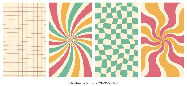 Groovy hippie 70s vector backgrounds set. Chessboard and twisted patterns. Backgrounds in trendy retro trippy style.Twisted and distorted vector texture in trendy retro psychedelic style.
