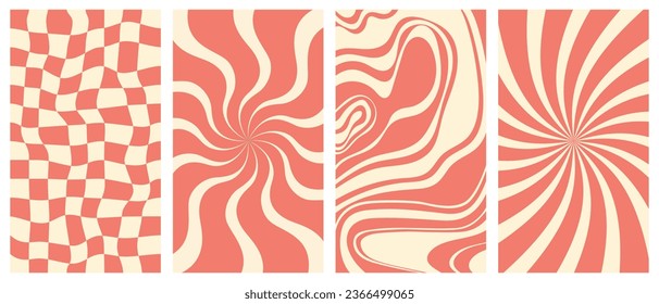 Groovy hippie 70s vector backgrounds set. Chessboard and twisted patterns. Backgrounds in trendy retro trippy style. Twisted and distorted vector texture in trendy retro psychedelic style