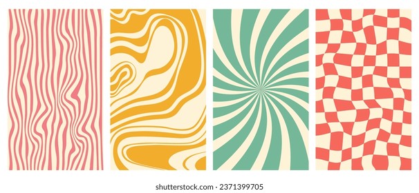 Groovy hippie 70s vector backgrounds set. Chessboard and twisted patterns. Backgrounds in trendy retro trippy style. Twisted and distorted vector texture in trendy retro psychedelic style