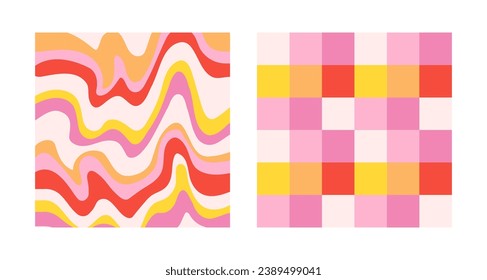 Groovy hippie 70s vector backgrounds set. Chessboard and twisted patterns. Backgrounds in trendy retro trippy style. Twisted and distorted vector texture in trendy retro psychedelic style