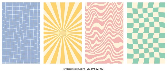 Groovy hippie 70s vector backgrounds set. Chessboard and twisted patterns. Backgrounds in trendy retro trippy style.Twisted and distorted vector texture in trendy retro psychedelic style