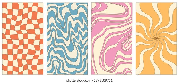 Groovy hippie 70s vector backgrounds set. Chessboard and twisted patterns. Backgrounds in trendy retro trippy style. Twisted and distorted vector texture in trendy retro psychedelic style