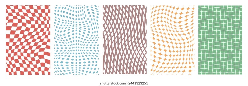 Conjunto de fondos vectoriales hippie Groovy de los años 70. Tablero de ajedrez y patrones retorcidos. Fondos abstractos vintage. Ilustración vectorial en un diseño de estilo lineal simple