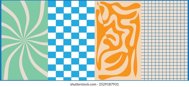 Groovy hippie 70s vector backgrounds set. Chessboard and twisted patterns. Backgrounds in trendy retro trippy style. Twisted and distorted vector texture in trendy retro psychedelic style