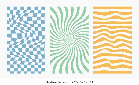 Groovy hippie 70s vector backgrounds set. Chessboard and twisted patterns. Backgrounds in trendy retro trippy style. Twisted and distorted vector texture in trendy retro psychedelic style
