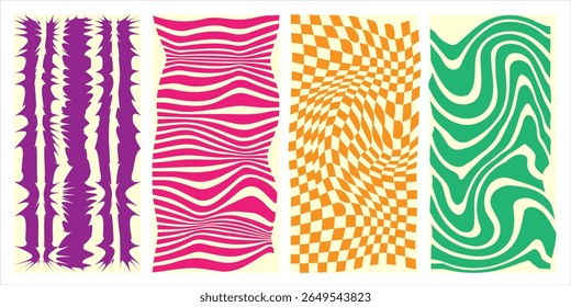 Groovy hippie 70s vector backgrounds set. Chessboard and twisted patterns. Twisted and distorted vector texture in trendy retro psychedelic style
