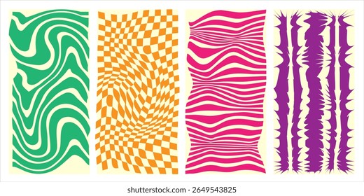 Groovy hippie 70s vector backgrounds set. Chessboard and twisted patterns. Twisted and distorted vector texture in trendy retro psychedelic style
