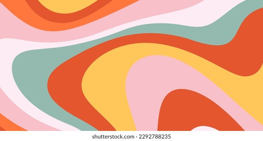 Groovy Hippie 70s Wavy Horizontal Background. Vector Psychedelic Swirled Striped Banner in Trendy Seventies Style for Web Design, Social Media. Retro Color Palette