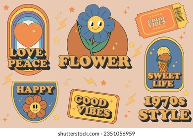Groovy hippie 70s world, flowers, rainbow, ice cream, shoes, move, and growth sticker pack in vintage retro psychedelic cartoon illustration style