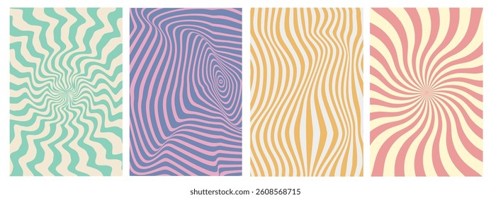 Groovy hippie abstract background set. Funky waves, swirl, twirl pattern. Trendy retro psychedelic style. Vector illustration