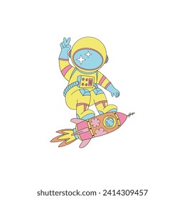 Groovy hippie astronaut in spacesuit on the rocket spaceship vector illustration set isolated on white. Retro 60s 70s 80s space galaxy universe cosmonautics print poster postcard.