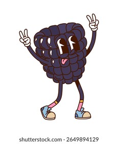 Groovy hippie blackberry berry character with funny face, cartoon vector funky fruit. Groovy blackberry berry with happy smile, freaky tongue out and hippie peace sign gesture for cartoon character