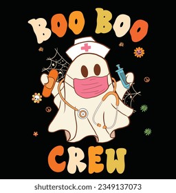 Groovy Hippie Boo Boo Crew Funny Nurse Ghost Halloween Illustration. Krankenpfleger Ghost Boo, RN Nurse Halloween